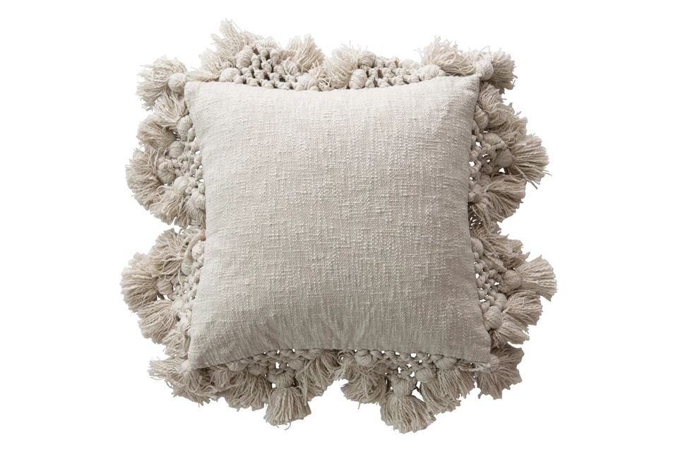 Cotton Pillow with Crochet and Tassels